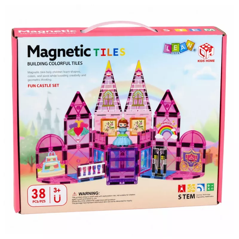 LEAN TOYS Magnetilised ehitusklotsid printsessi loss roosa 38 tk.