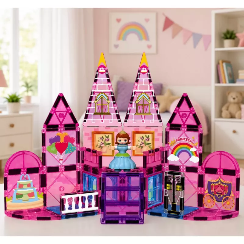 LEAN TOYS Magnetilised ehitusklotsid printsessi loss roosa 38 tk.