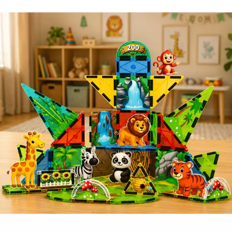 LEAN TOYS Magnetilised ehitusklotsid metsloomad džungel ZOO 52 tk