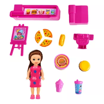 LEAN TOYS Mini nukukomplekt kassaaparaadi, müüjana, hamburgeri ja jäätise tarvikutega