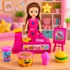 LEAN TOYS Mini nukukomplekt kassaaparaadi, müüjana, hamburgeri ja jäätise tarvikutega