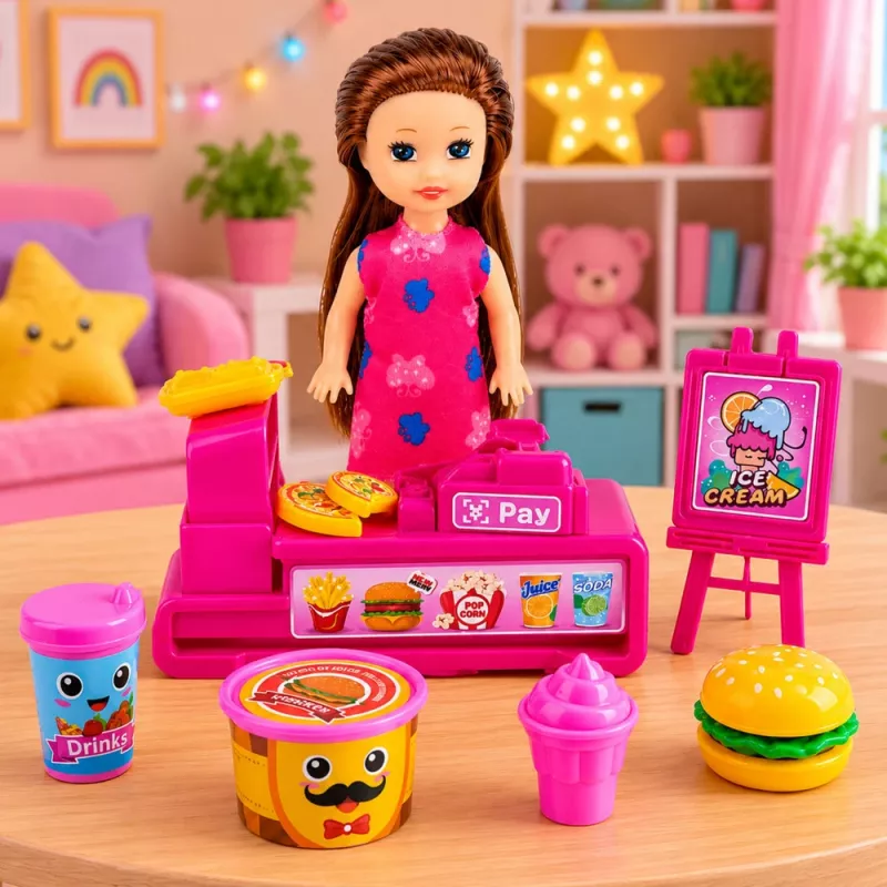 LEAN TOYS Mini nukukomplekt kassaaparaadi, müüjana, hamburgeri ja jäätise tarvikutega