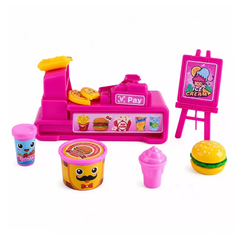 LEAN TOYS Mini nukukomplekt kassaaparaadi, müüjana, hamburgeri ja jäätise tarvikutega