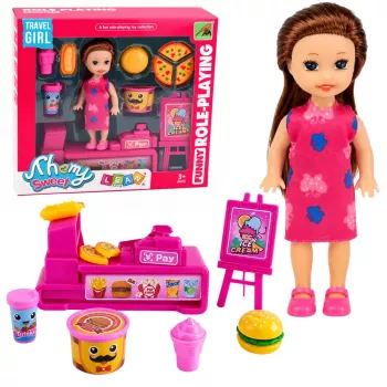 LEAN TOYS Mini nukukomplekt kassaaparaadi, müüjana, hamburgeri ja jäätise tarvikutega