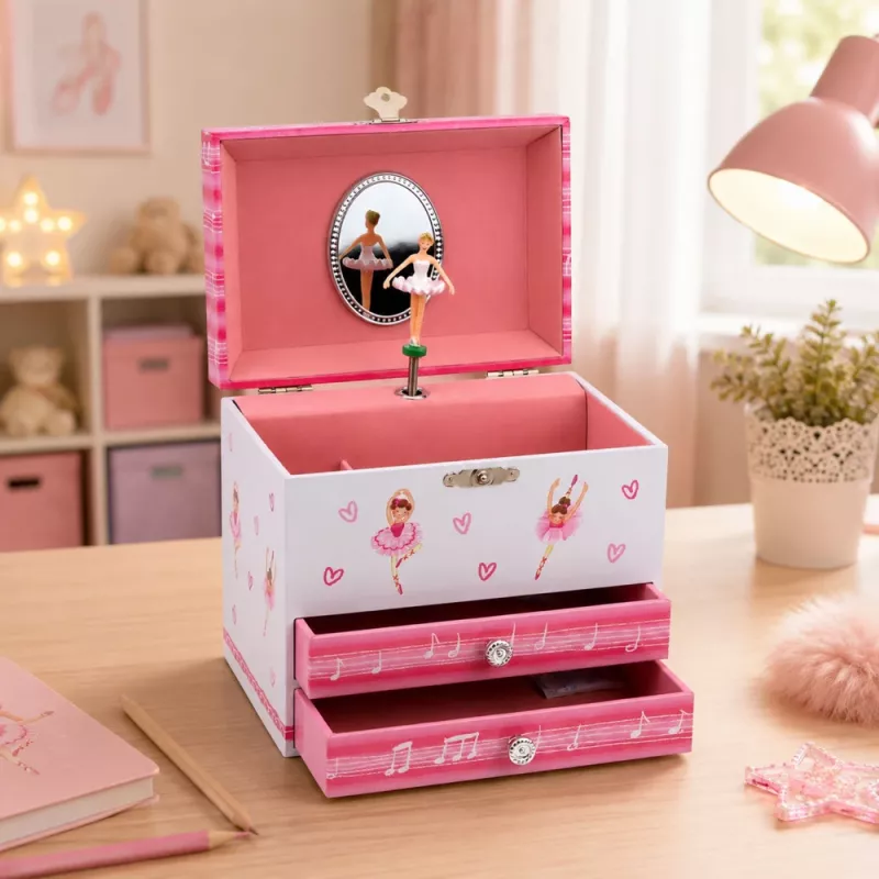 LEAN TOYS Muusikaline ehtekarp baleriiniga, muusikakarp, peegli ja sahtlitega - roosa klassikaline disain