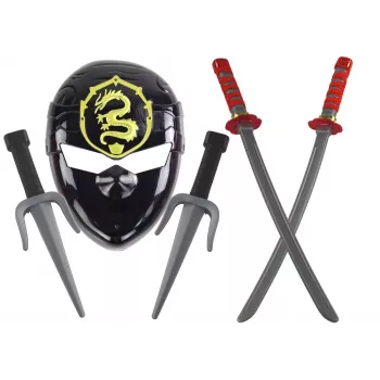 LEAN TOYS Ninja Warrior komplekt maski, mõõga, pistodade, visketähtede, vibu ja nooltega – punased kaunistused (10 osa)