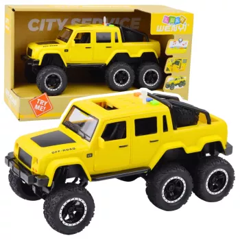 LEAN TOYS maastikuauto hõõrdajamiga tulede ja helidega kollane 6x6 1:16