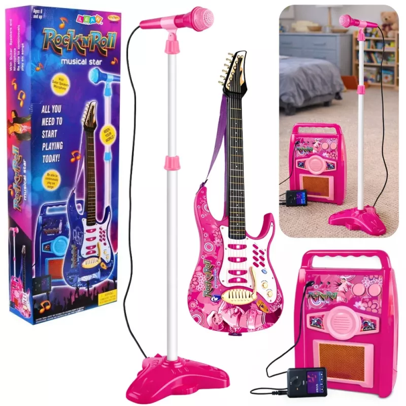 LEAN TOYS Roosa elektrikitarr mikrofoni ja võimendiga