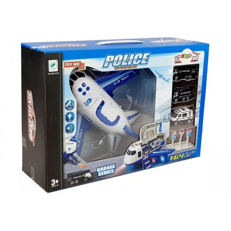 LEAN TOYS Politsei kokkupandav lennuk autodega 1:64 valguse ja heliga