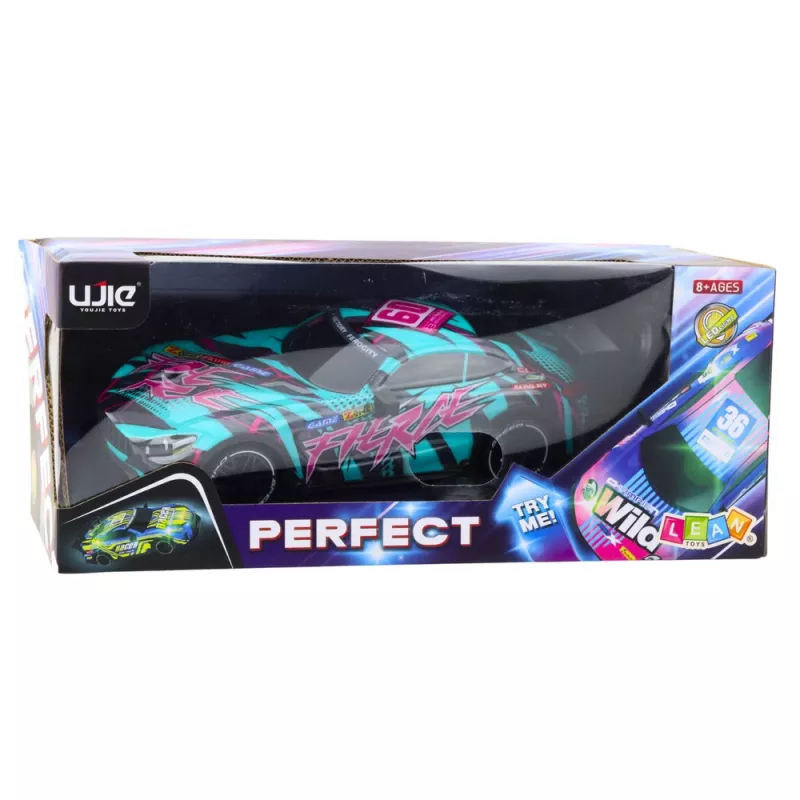 LEAN TOYS RC võidusõiduauto valgustatud türkiissinise kerega 1:16 mõõtkava 2.4 GHz kaugjuhtimine