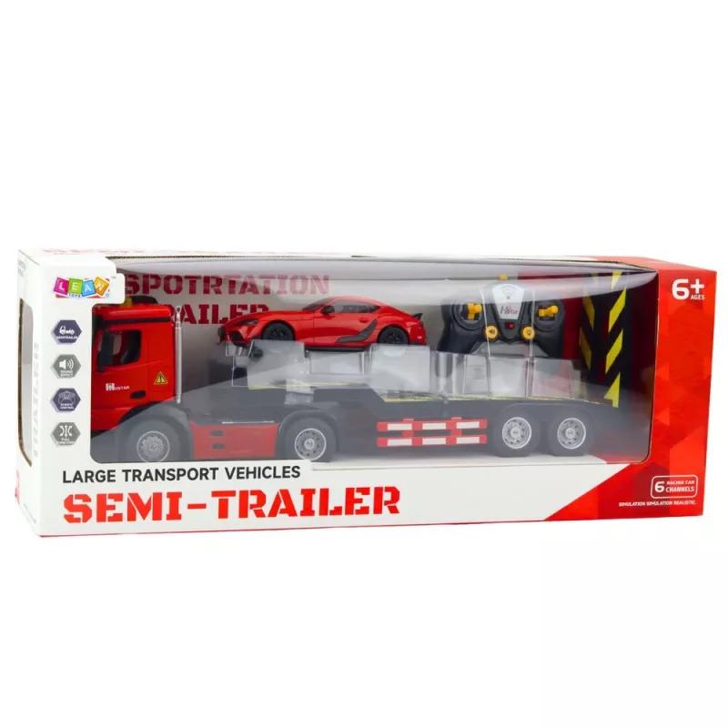LEAN TOYS Kaugjuhitav Autotransporteri Komplekt 1:16 – RC Pukseerimisauto ja Punane Sportauto (22707)