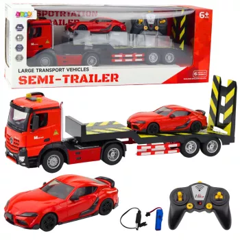 LEAN TOYS Kaugjuhitav Autotransporteri Komplekt 1:16 – RC Pukseerimisauto ja Punane Sportauto (22707)