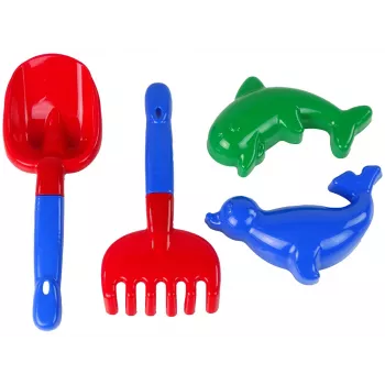 LEAN TOYS Liivakomplekt 4-osaline – kühvel, reha, 2 vormi, vastupidav plastik, vanus 12 kuud+
