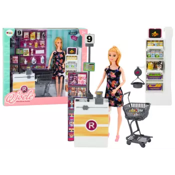 LEAN TOYS Nukukomplekt Supermarketi Riiulite Ostukorvi Toiduainetega