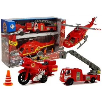 LEAN TOYS Tuletõrjesõidukite komplekt: Tuletõrjeauto, Päästekopter, Mootorratas Heli ja Valgusega