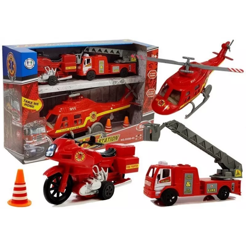 LEAN TOYS Tuletõrjesõidukite komplekt: Tuletõrjeauto, Päästekopter, Mootorratas Heli ja Valgusega