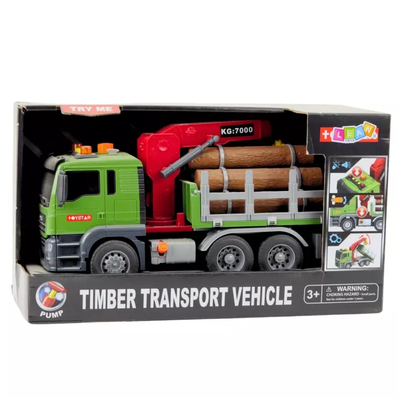 LEAN TOYS Puiduveoauto kraanaga, palkide, tulede ja helidega – ehitusmasina mänguasi