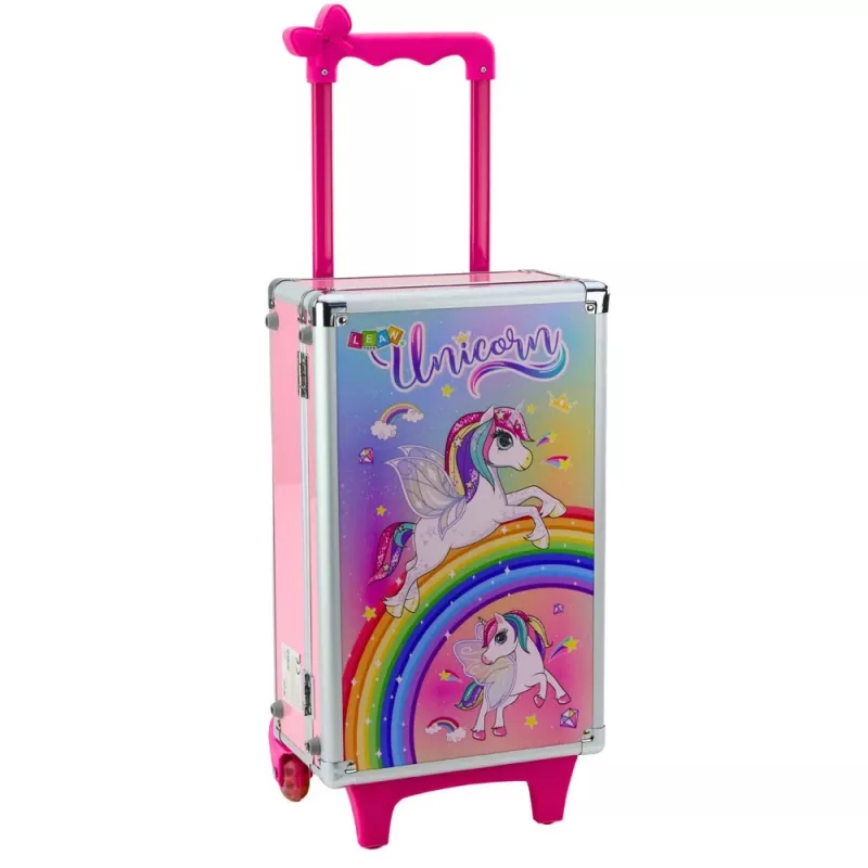 LEAN TOYS Unicorn roosa ratastega kohver ilukomplekt