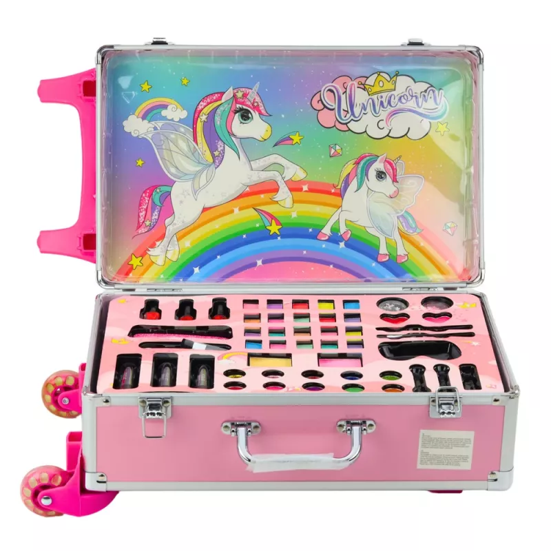LEAN TOYS Unicorn roosa ratastega kohver ilukomplekt