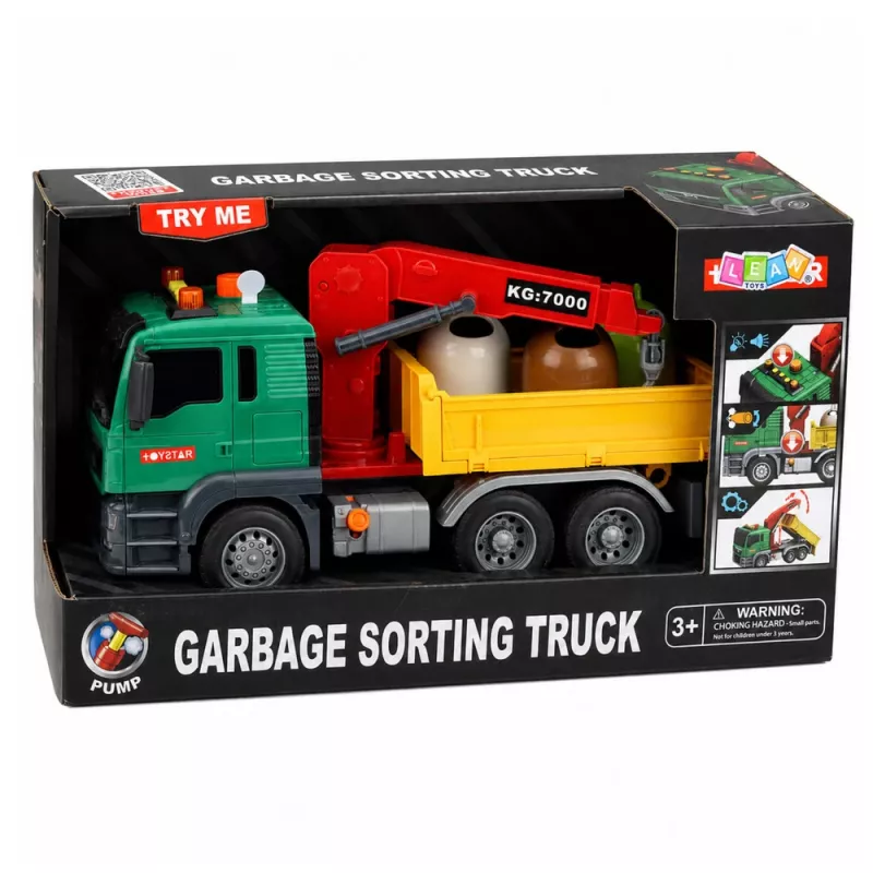 LEAN TOYS Prügisorteerimisauto kraana, konteinerite, hõõrdajamiga, valguse ja heliga