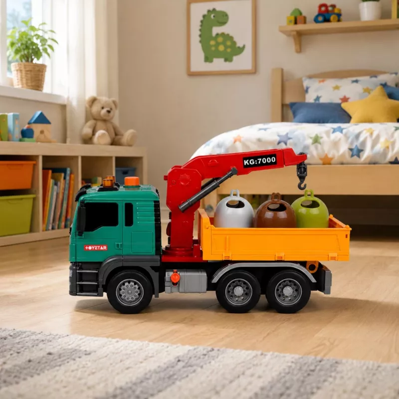 LEAN TOYS Prügisorteerimisauto kraana, konteinerite, hõõrdajamiga, valguse ja heliga