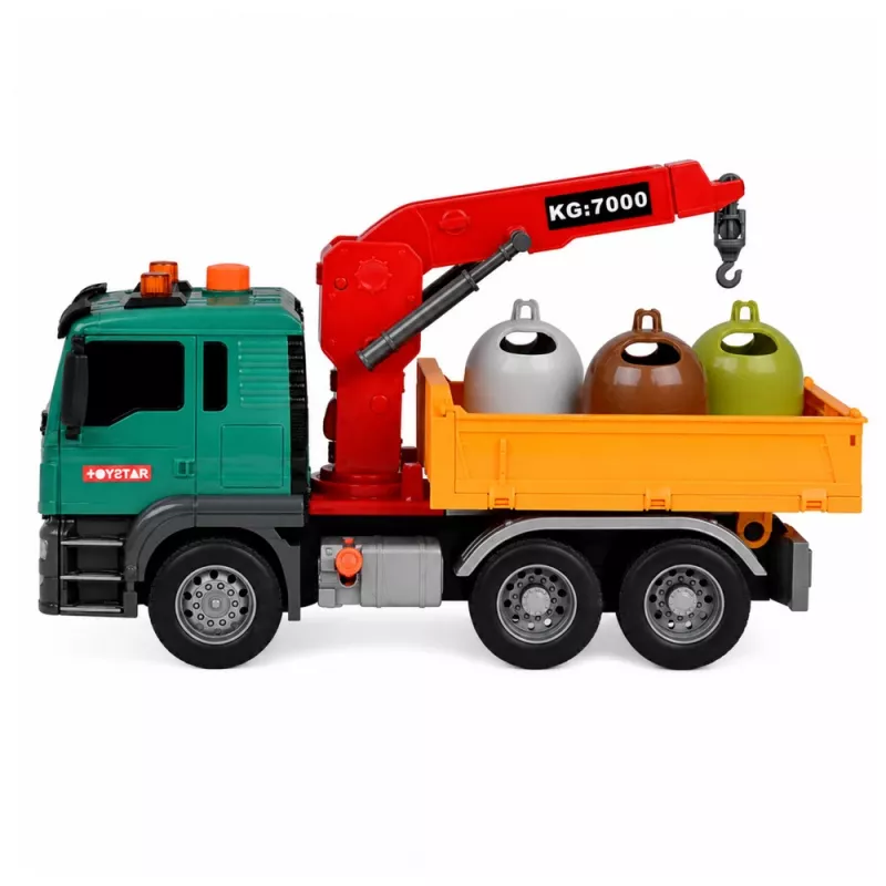 LEAN TOYS Prügisorteerimisauto kraana, konteinerite, hõõrdajamiga, valguse ja heliga
