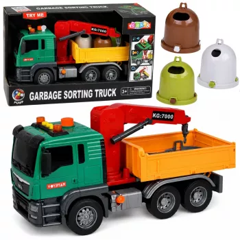LEAN TOYS Prügisorteerimisauto kraana, konteinerite, hõõrdajamiga, valguse ja heliga