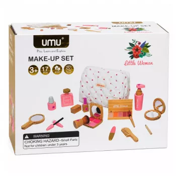 LEAN TOYS Puidust ilukomplekt tüdrukutele valge kosmeetikakotiga, 17 osa