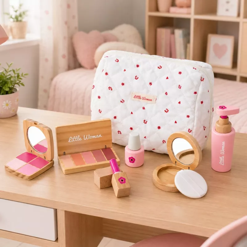 LEAN TOYS Puidust ilukomplekt tüdrukutele valge kosmeetikakotiga, 17 osa