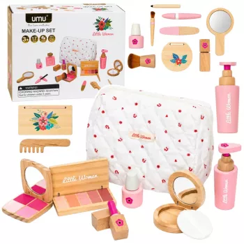 LEAN TOYS Puidust ilukomplekt tüdrukutele valge kosmeetikakotiga, 17 osa