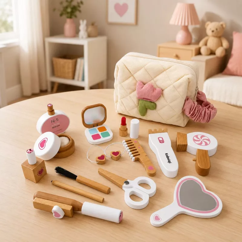 LEAN TOYS puidust ilukomplekt meigikosmeetika kott tarvikud 16 tk