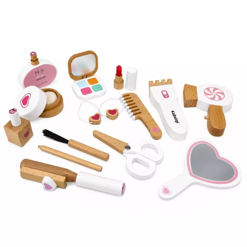 LEAN TOYS puidust ilukomplekt meigikosmeetika kott tarvikud 16 tk