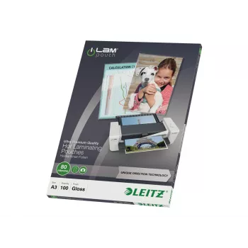Leitz 7485-00-00 A3 lamineerimiskile, läikiv kristallselge, 125 mikronit, 100 pakk