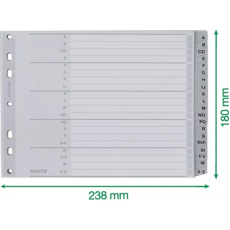 Leitz A-Z tähestikuline register, A4, hallid plastkõrvad 250 g/m² kartongil, 20-osaline, 11-avaline universaalne augustamine 1262-01-00