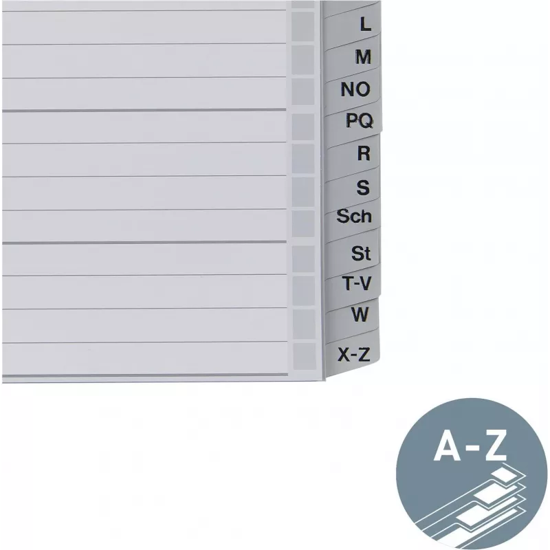 Leitz A-Z tähestikuline register, A4, hallid plastkõrvad 250 g/m² kartongil, 20-osaline, 11-avaline universaalne augustamine 1262-01-00