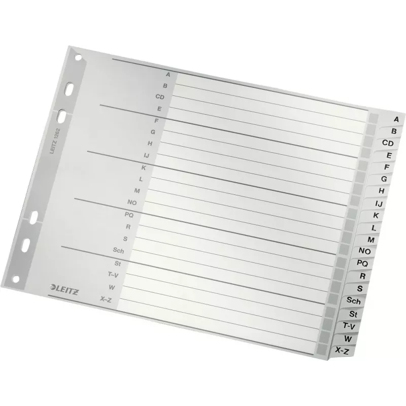 Leitz A-Z tähestikuline register, A4, hallid plastkõrvad 250 g/m² kartongil, 20-osaline, 11-avaline universaalne augustamine 1262-01-00