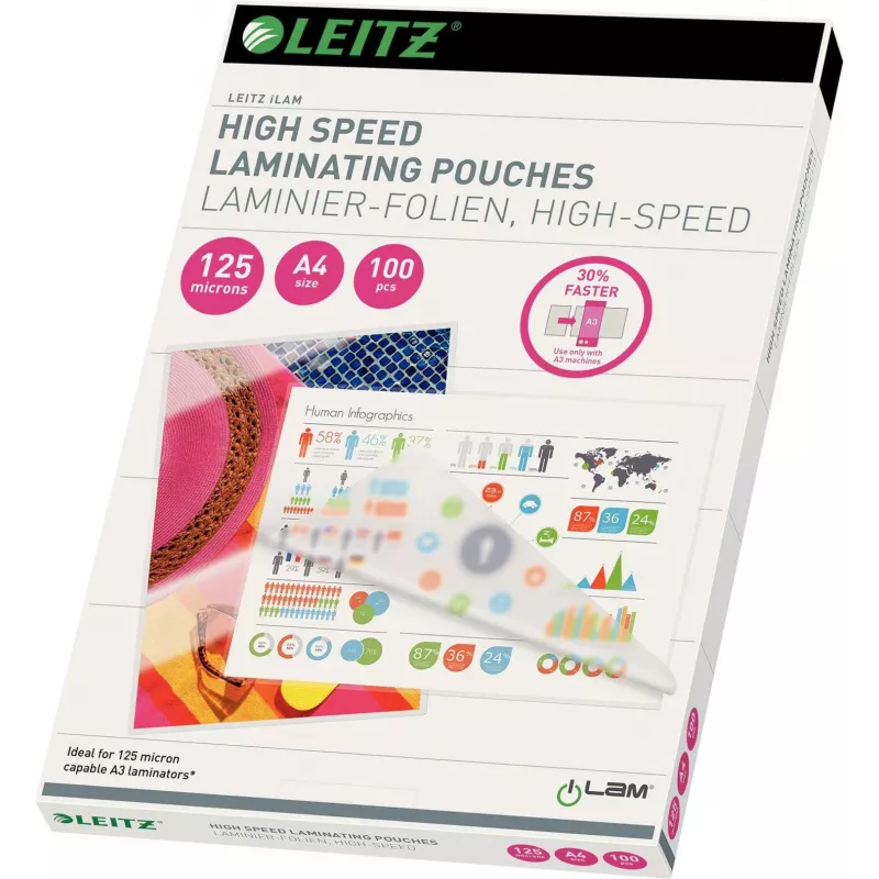 Leitz A4 lamineerimiskile, 80 mikronit, läikiv, 100 pakk, ummistumisvaba UDT 7430-00-02