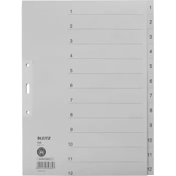 LEITZ Manila vahelehed, numbriline 1-12, A4 ekstra lai, hall, 12-osaline, 100 gsm, 80 mm augustus, tugevdatud augud 1233-00-85
