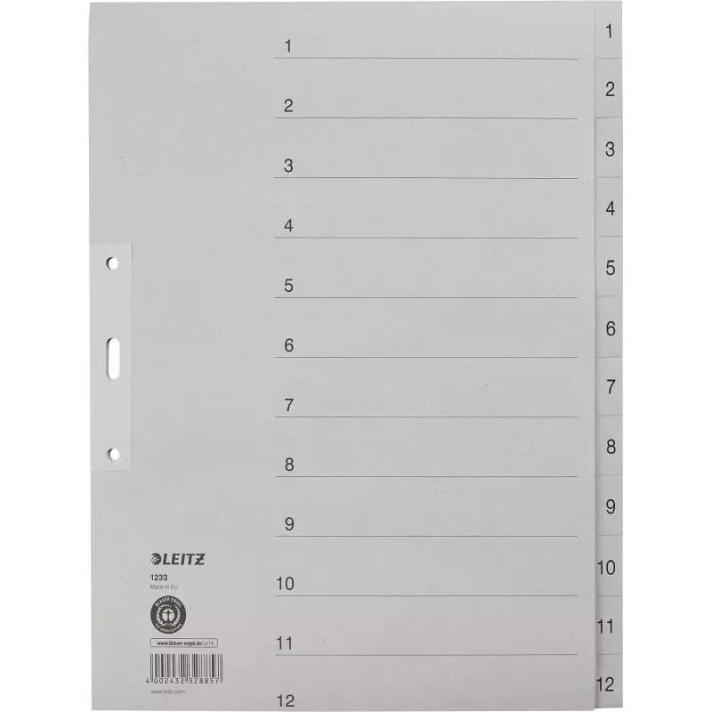 LEITZ Manila vahelehed, numbriline 1-12, A4 ekstra lai, hall, 12-osaline, 100 gsm, 80 mm augustus, tugevdatud augud 1233-00-85