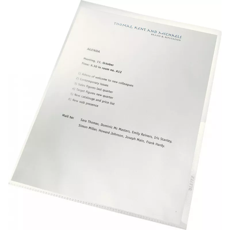 LEITZ re:cycle A4 esitlustasku, 100% taaskasutatud PP, 0,13 mm reljeefne, avatud ülalt ja küljelt, läbipaistev, 10 tk pakk 4401-10-03