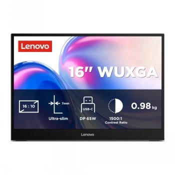 Lenovo L16 16-tolline WUXGA kaasaskantav IPS-kuvar USB-C-ga, 300 niti, 60Hz, 3-aastane garantii