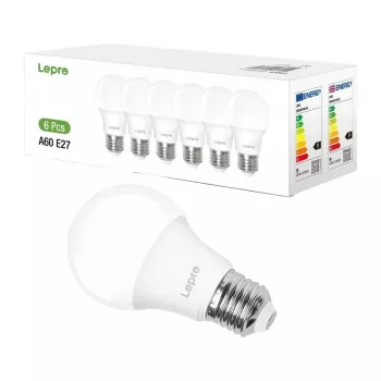 LEPRO 100090-DW-EU-6 LED-pirn, E27, A60, 8.5W (60W ekvivalent), 806 lm, 6500K külmvalge, 180° valgusnurk, 6-pakk