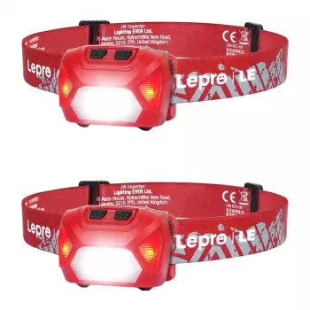 LEPRO 320014-R-2 USB-laetav LED-pealamp, 2-pakk, 200 luumenit, IPX4 veekindel, 5 režiimi punase tulega, USB-C laadimine, reguleeritav peapael