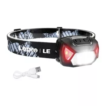 LEPRO 320014 USB-laetav LED-pealamp CREE XPE spot-valgusega, COB-tulvavalgus, punane tuli, IPX4 veekindel, 300 luumenit, 1200mAh aku, reguleeritav elastne peapael - must