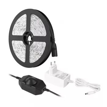 LEPRO PR4100067-DW-EU 5m sooja valge LED riba komplekt koos hämardatava 3000K SMD 2835 ribavalgustiga, 12V 24W 1200lm, 3M kleepuv, inline-hämardi, toiteplokk kaasas, IP20