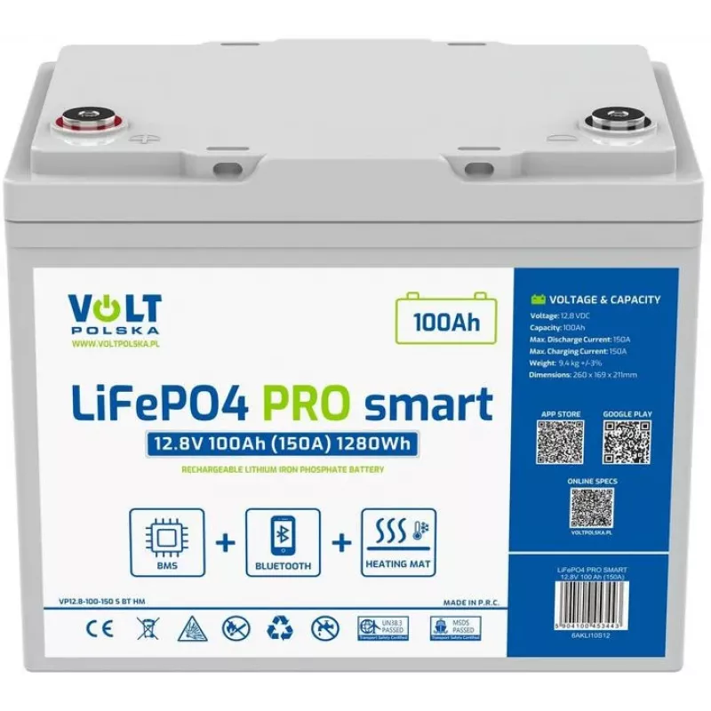 LiFePO4 Aku Volt Polska PRO SMART 12.8V 100 Ah (150A) BMS BLUETOOTH + KÜTTEPADI