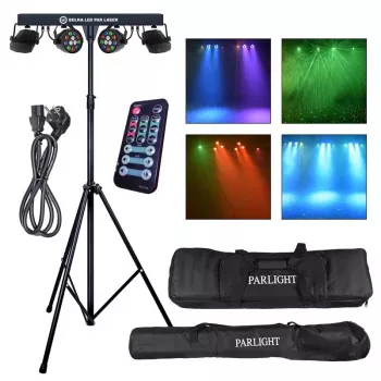 LIGHT4ME LED PAR Laser Beam Lighting Kit - 4x PAR-valgustit punase ja rohelise laseriga, DMX, kaugjuhtimispult