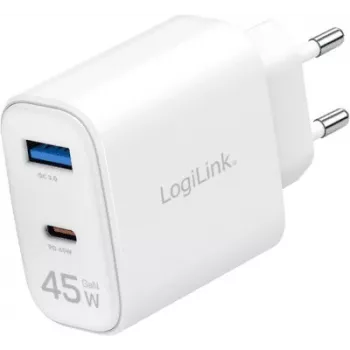 LogiLink 45W GaN USB seinilaadija, 1x USB-C PD, 1x USB-A QC, valge, europesa (PA0410)