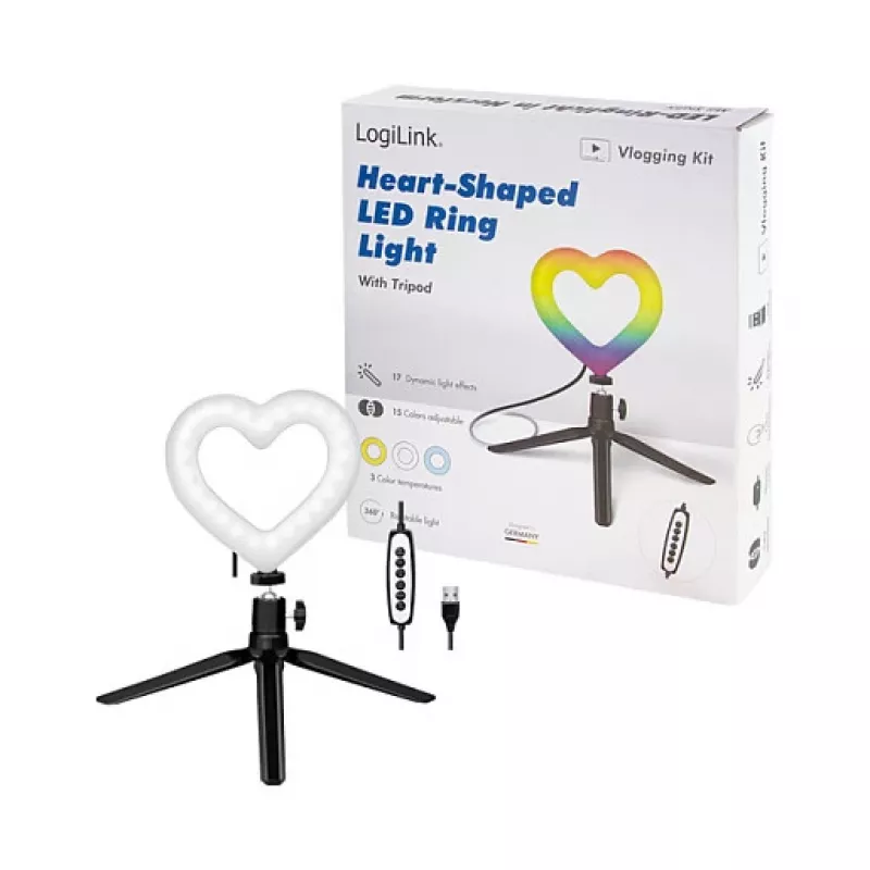 LOGILINK AA0155 LED Ring Fill Light with Heart Shape and Tripod, 20.5 cm, 10 Brightness Levels, 3000K-6000K, USB-A