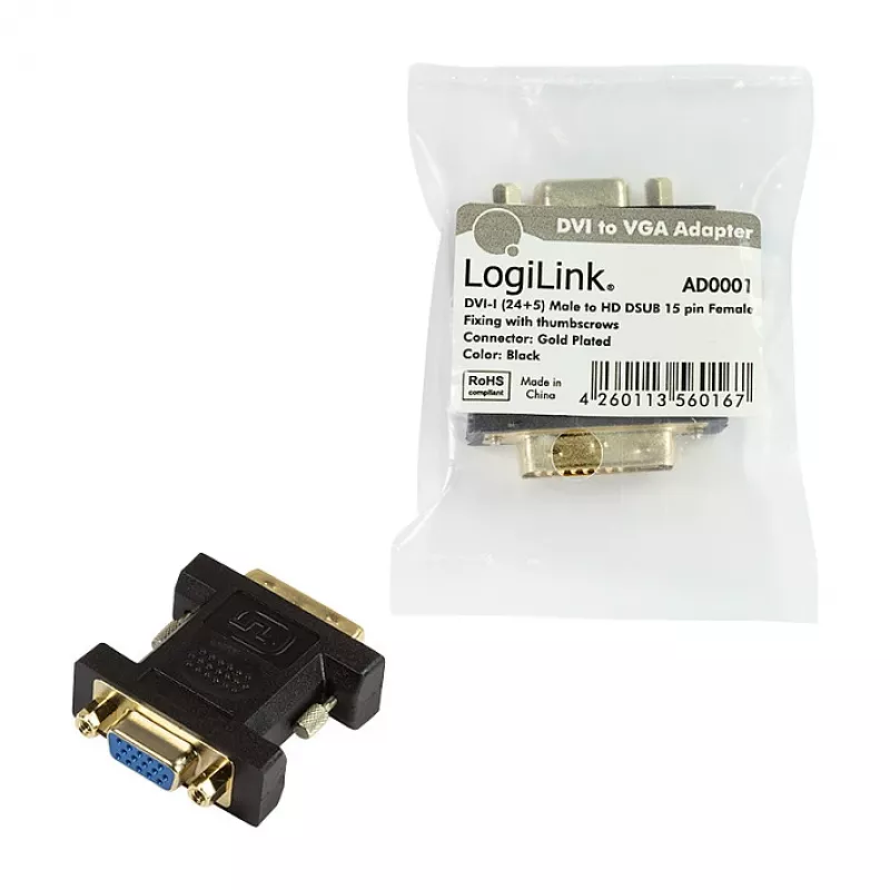 LogiLink AD0001 DVI-I to VGA adapter, DVI-I isane to HD15 emane, 1080p, must